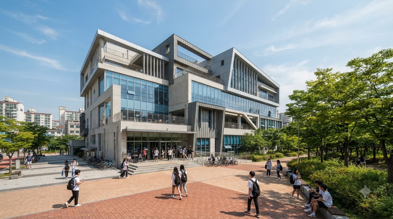 맑은 날 야외 마당과 함께 보이는 달성군청소년센터 건물의 전체적인 전경 모습