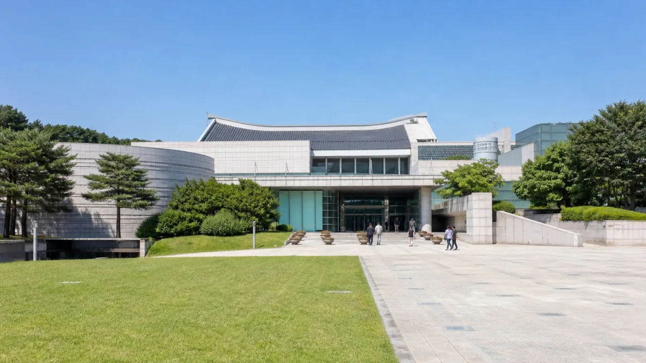 경기도박물관 외관과 특별전 관람객이 보이는 전경