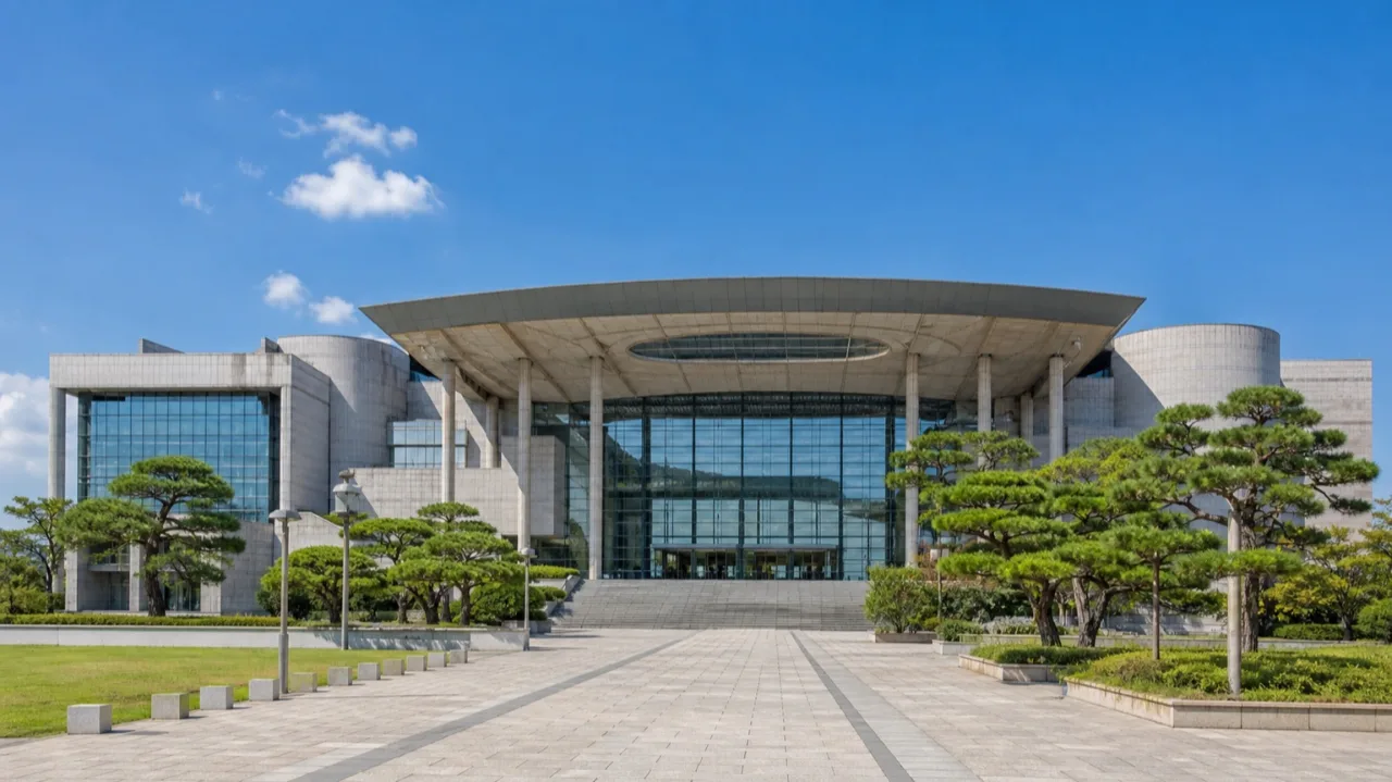 맑은 하늘 아래 현대적인 모습을 한 경주예술의전당 건물 외관 전경