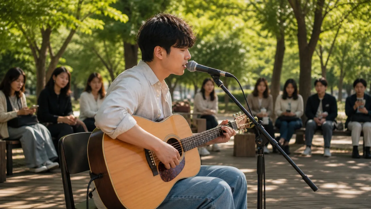 광장 야외 무대에서 기타를 연주하며 노래하는 아티스트의 근접 모습