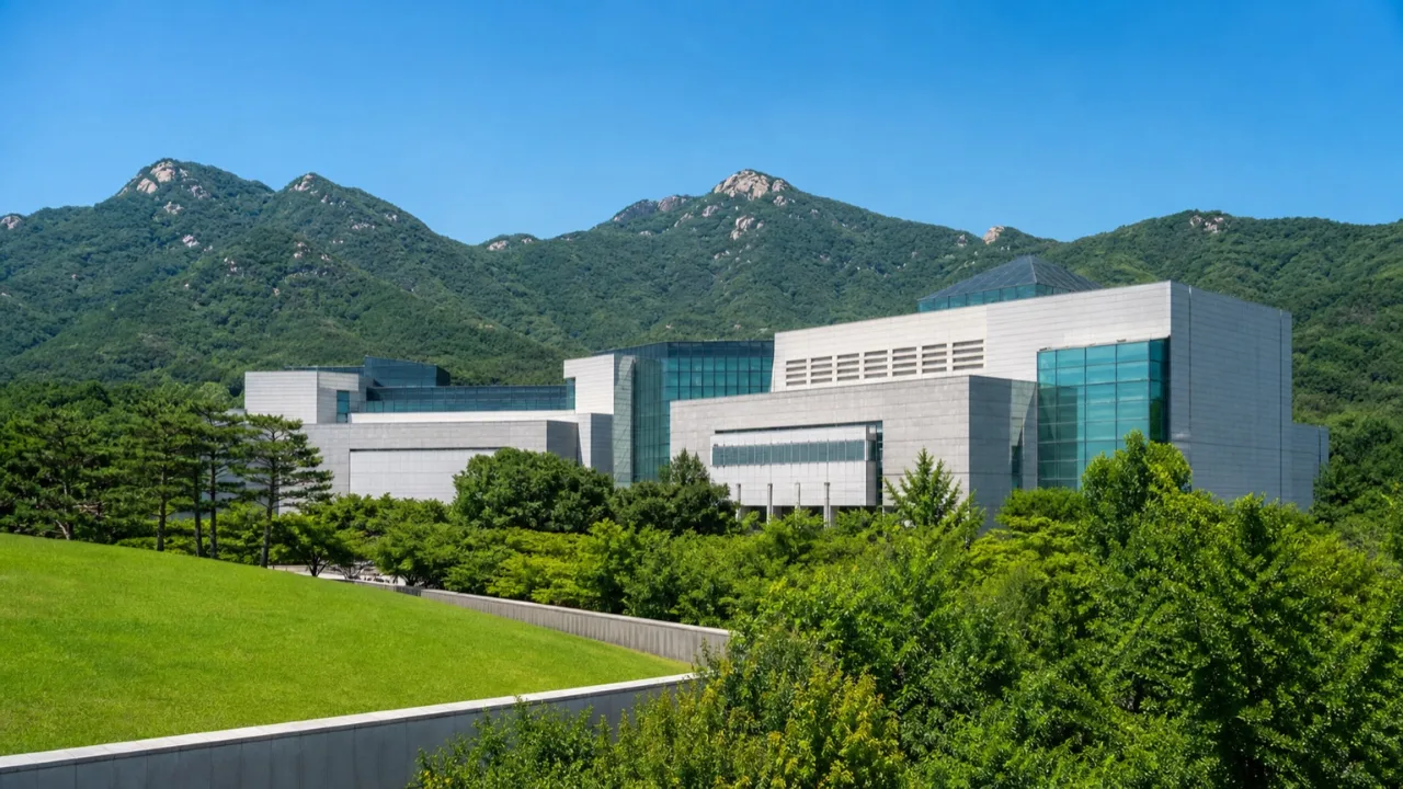푸른 산에 둘러싸인 국립현대미술관 과천 건물의 맑은 날 전경 사진