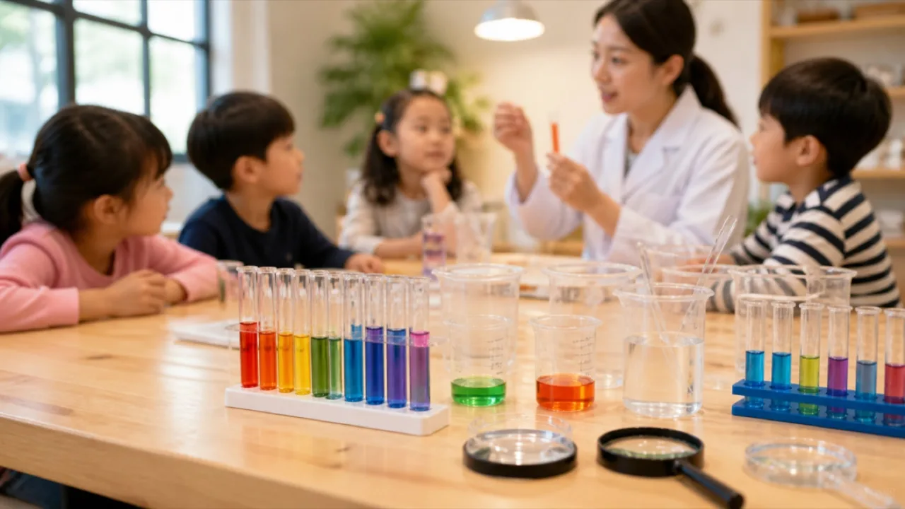 실내 실험 테이블 위에 놓인 알록달록한 시험관과 과학 교구들의 생생한 근접 모습