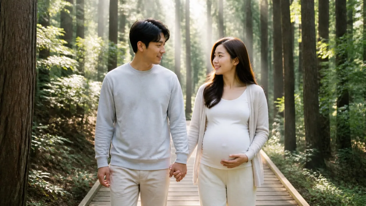 햇살이 내리쬐는 울창한 숲속 나무 데크 길을 다정하게 손잡고 걸어가는 임신부 부부의 모습