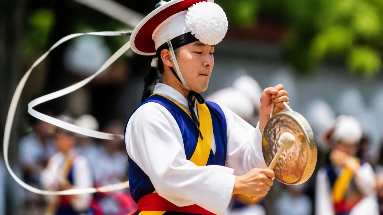 전통 모자를 쓰고 소형 꽹과리를 연주하는 상쇠의 역동적인 근접 모습