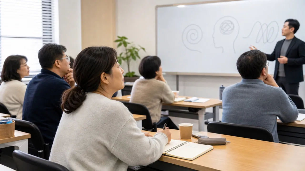 밝은 세미나실에서 수업을 듣고 있는 한국인 참가자들의 교육 현장 전경