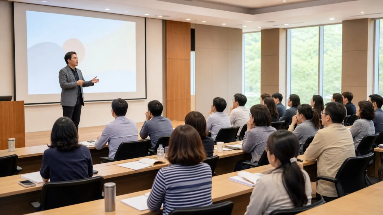 옥천군 시니어행복프로그램지도사 교육이 진행 중인 밝은 강의실 전경
