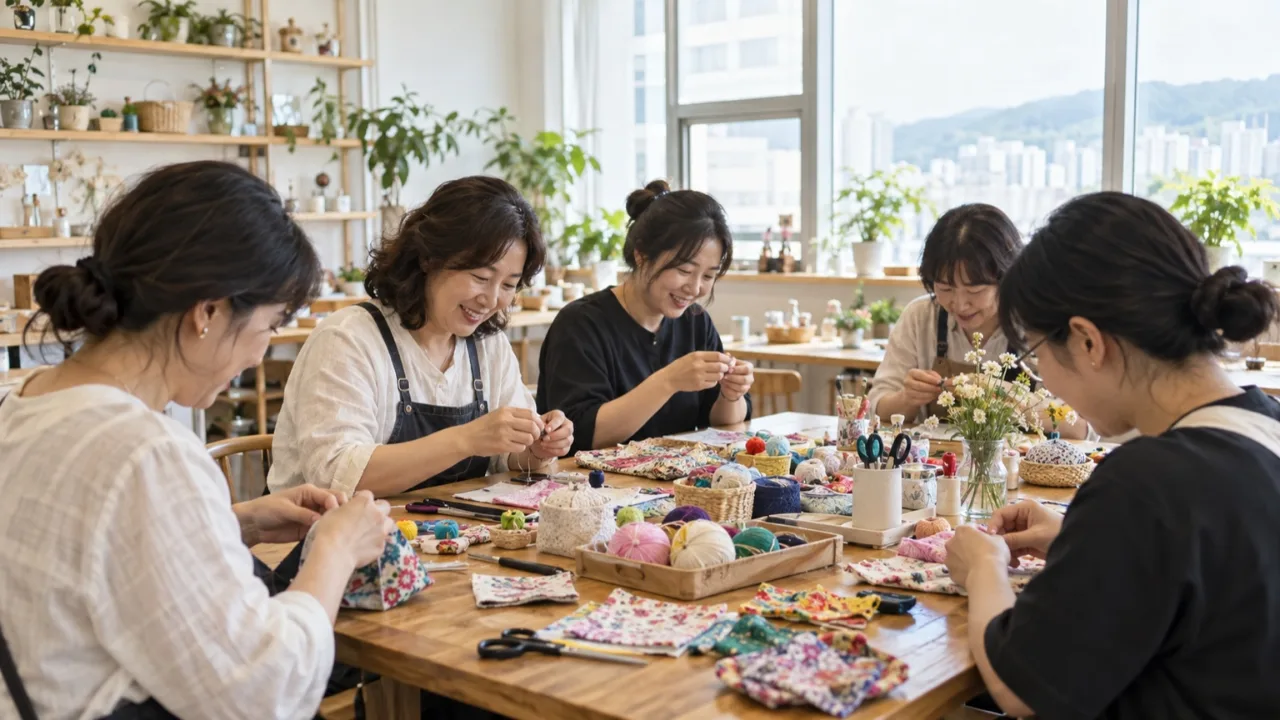 대전 서구의 밝은 커뮤니티 학습 공간에서 한국인 참가자들이 목재 테이블에 둘러앉아 공예 워크숍에 참여하고 있는 전경