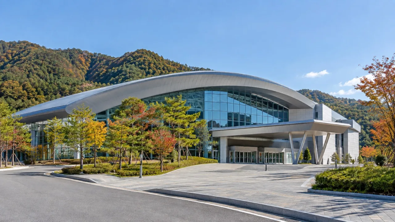 화천군에 위치한 현대적인 공공 체육관 건물의 외관 전경