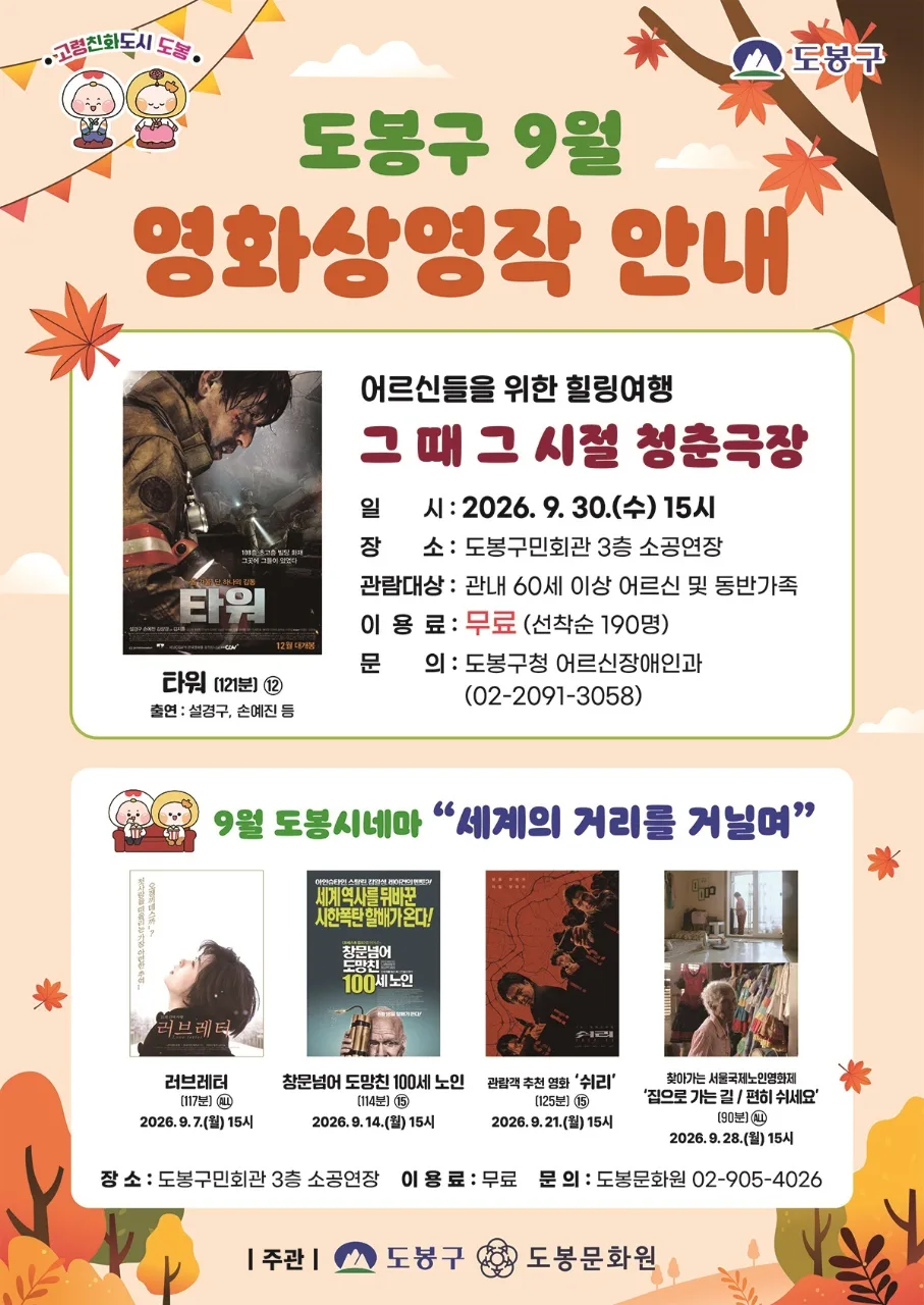 고령친화도시 도봉 도봉구 9월 영화상영작 안내 어르신들을 위한 힐링여행 그 때 그 시절 청춘극장 타워 일시: 2026. 9. 30.(수) 15시 장소: 도봉구민회관 3층 소공연장 관람대상: 관내 60세 이상 어르신 및 동반가족 이용료: 무료 (선착순 190명) 문의: 도봉구청 어르신장애인과 (02-2091-3058) 타워 (121분) 12 출연: 설경구, 손예진 등 9월 도봉시네마 “세계의 거리를 거닐며” 러브레터 (117분) ALL 2026. 9. 7.(월) 15시 창문넘어 도망친 100세 노인 (114분) 15 2026. 9.14.(월) 15시 관람객 추천 영화 ‘쉬리’ (125분) 15 2026. 9.21.(월) 15시 찾아가는 서울국제노인영화제 ‘집으로 가는 길 / 전화 주세요’ (90분) ALL 2026. 9.28.(월) 15시 장소: 도봉구민회관 3층 소공연장 이용료: 무료 문의: 도봉문화원 02-905-4026 주관 | 도봉구 도봉문화원
