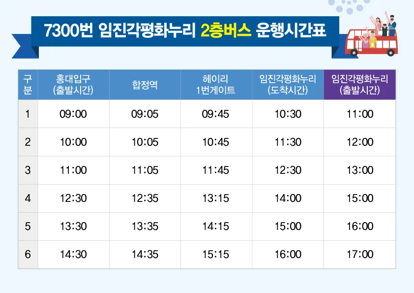 7300번 임진각평화누리 2층버스 운행시간표