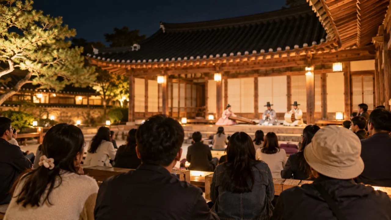 창원의집 마당에서 야간 공연을 관람하는 한국인 관람객