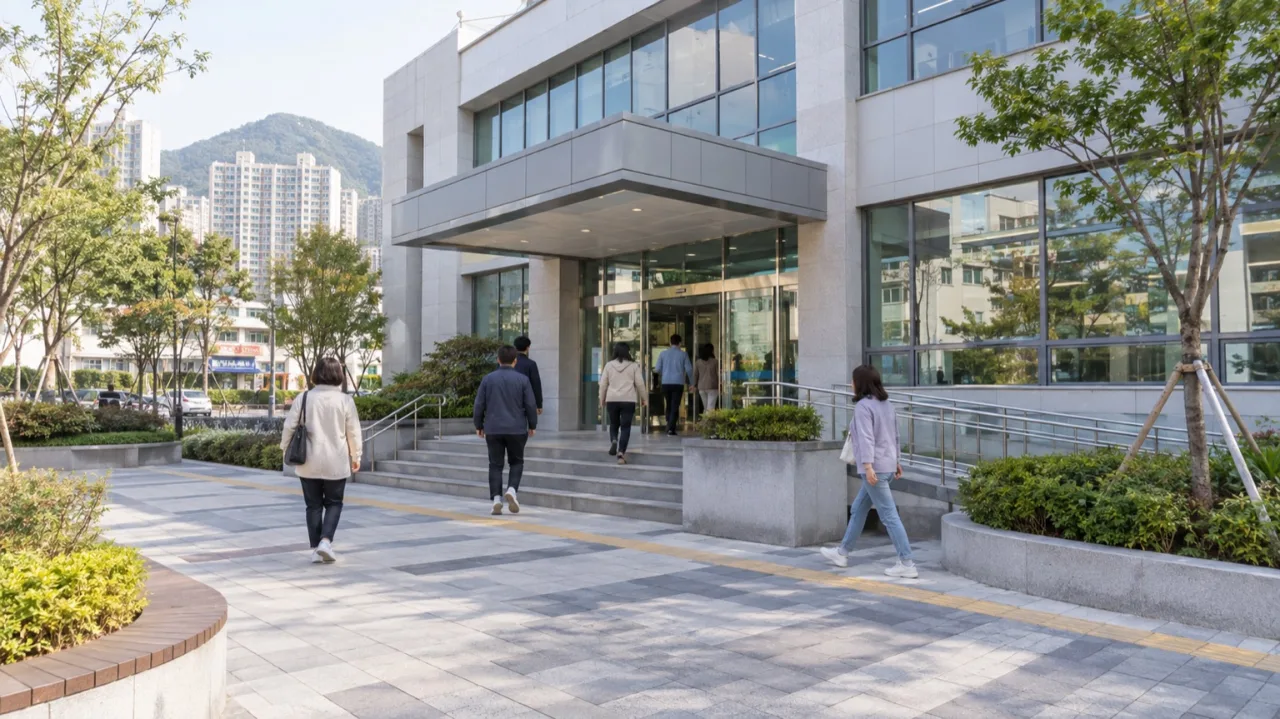 부곡3동 주민센터 외관과 출입하는 주민들