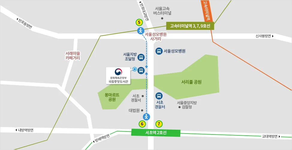 국립중앙도서관 약도: 2호선 서초역 6번 출구에서 도보 10분. 오시는 길에 대법원, 서초경찰서가 있습니다. 3,7,9호선 고속터미널역 5번 출구에서 도보 10분. 오시는 길에 서울지방조달청이 있습니다.