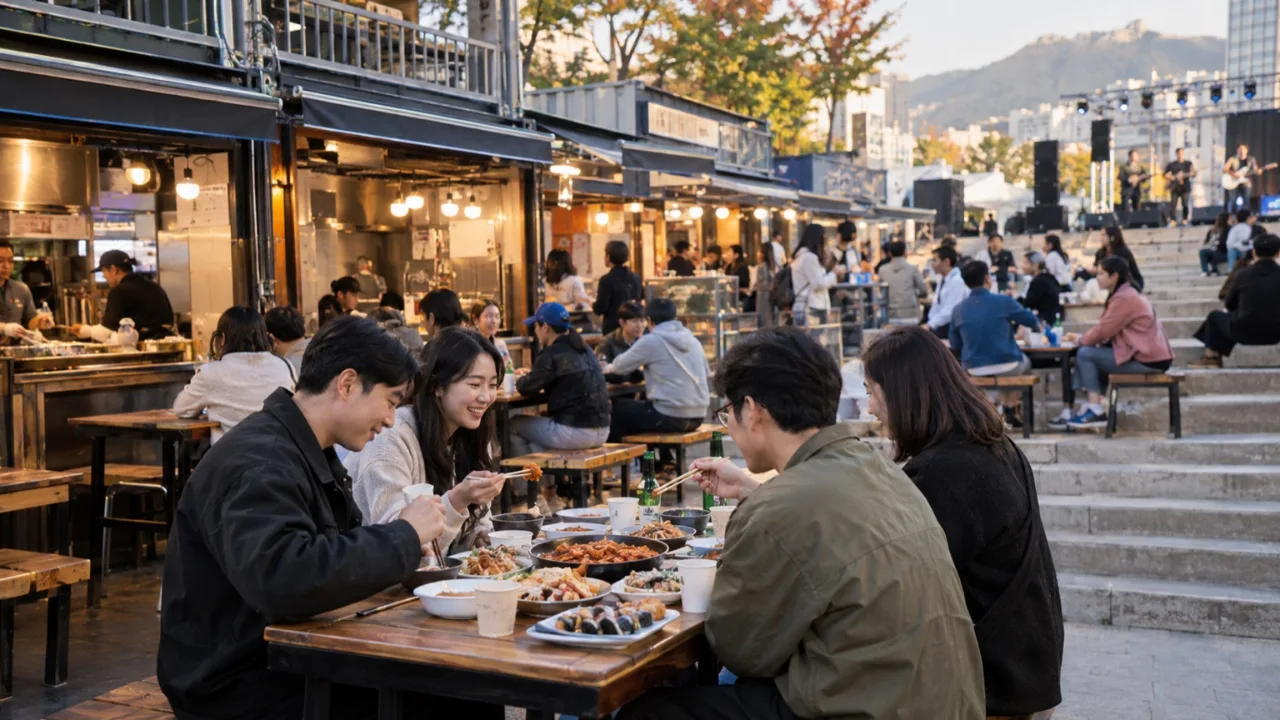 백운광장 스트리트 푸드존의 벤치와 식사 공간