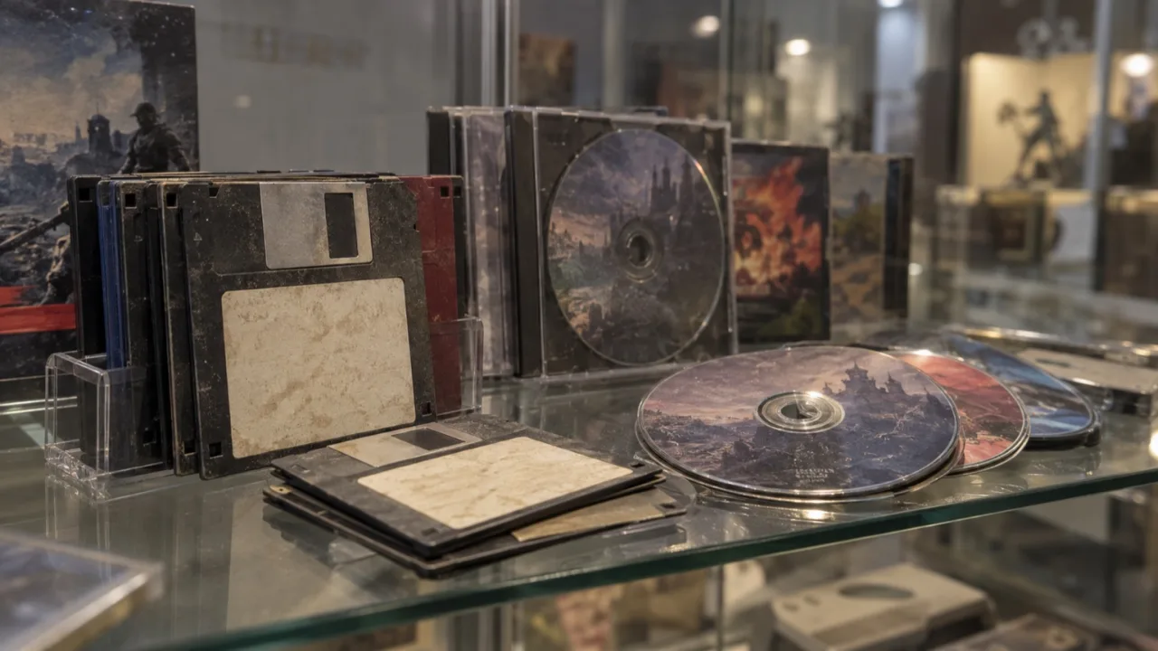전시 진열장에 놓인 옛 한국 게임 플로피디스크와 CD-ROM
