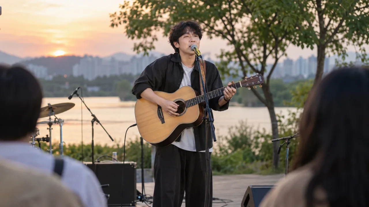 야외 무대에서 기타를 연주하는 한국인 버스커