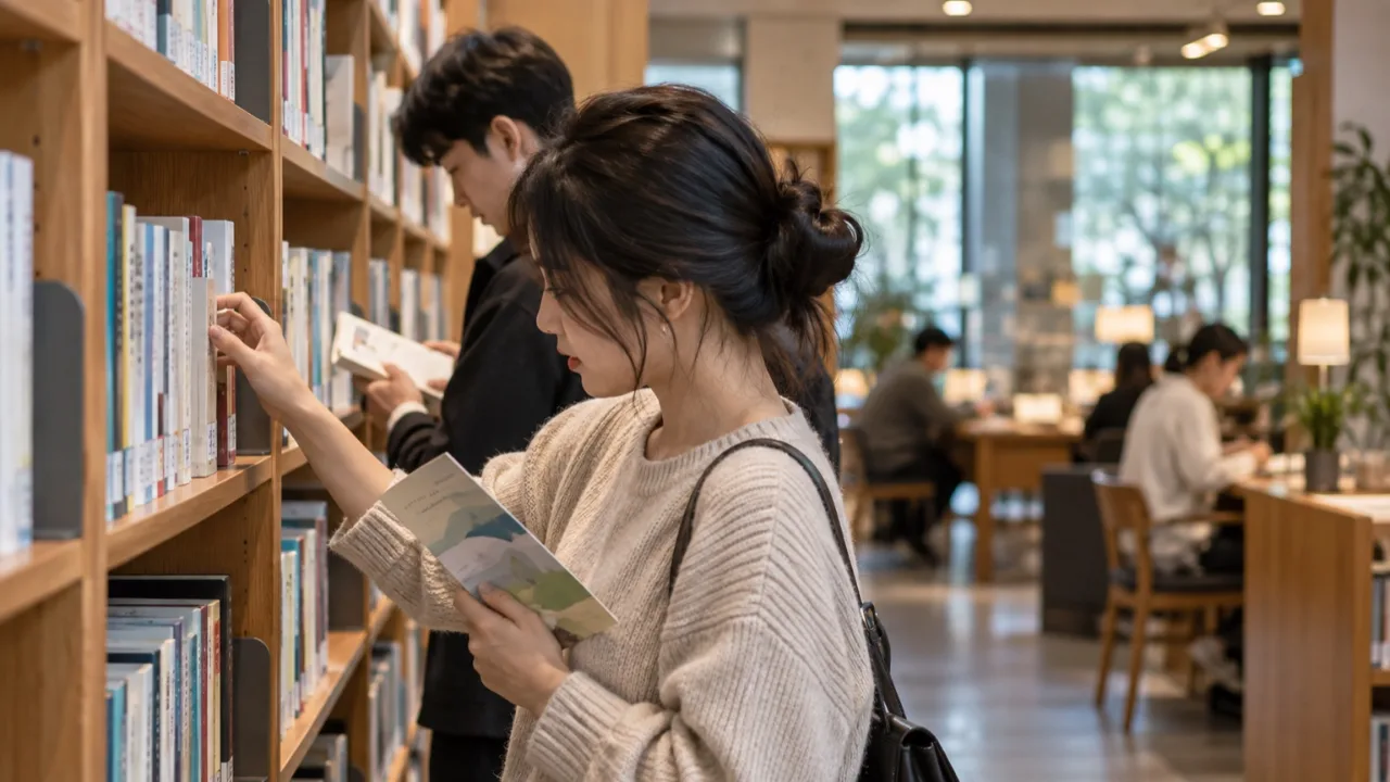 도서관에서 행사 안내와 책을 살펴보는 한국인 관람객