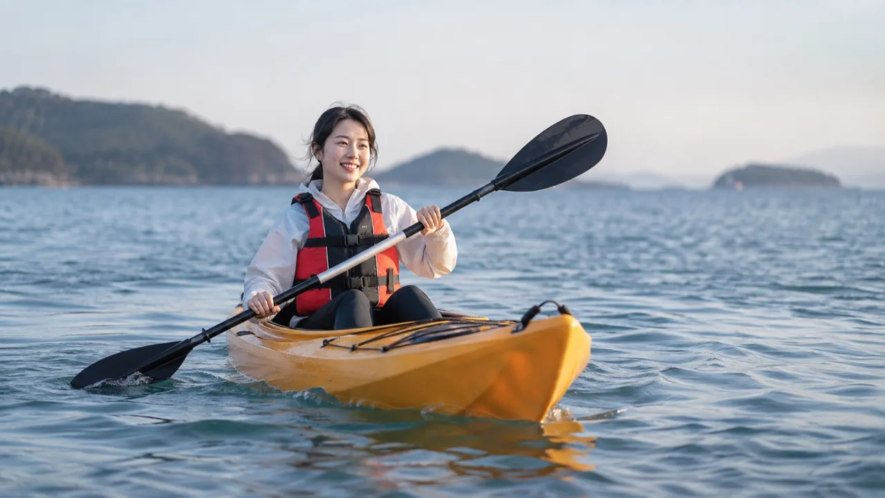 여수 해양레저 체험장에서 한국인 참가자가 카약을 타는 모습