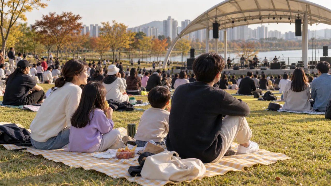 돗자리와 간단한 먹거리를 준비한 미사호수공원 잔디광장 관람객