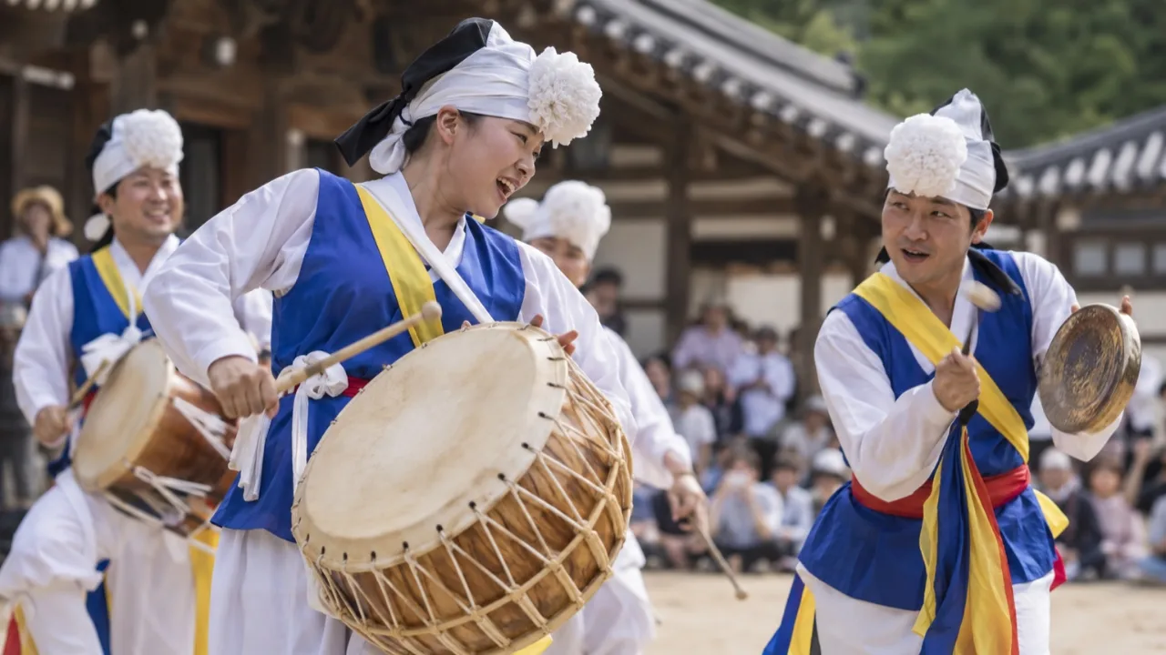 전통 연희 참가자가 풍물과 사물놀이를 선보이는 근접 장면