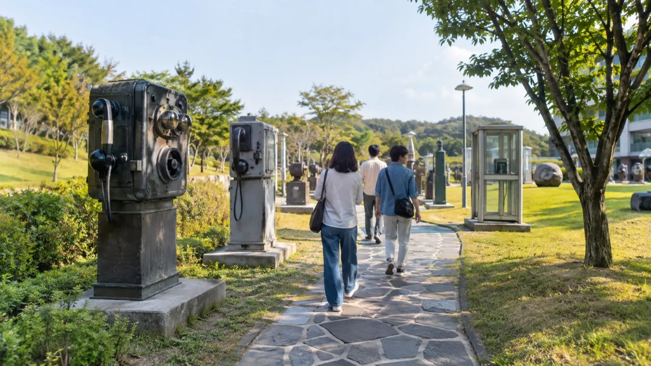 여주시립 폰박물관 야외 전시 산책로를 걷는 관람객