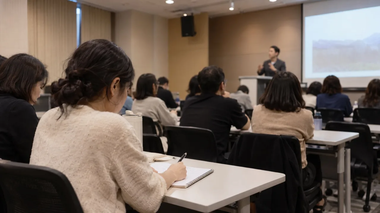강좌실에서 클래식 음악 강의를 듣는 한국인 관람객