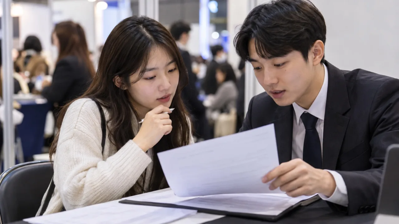 채용박람회 상담 부스에서 기업 담당자와 상담하는 한국인 청년 참가자