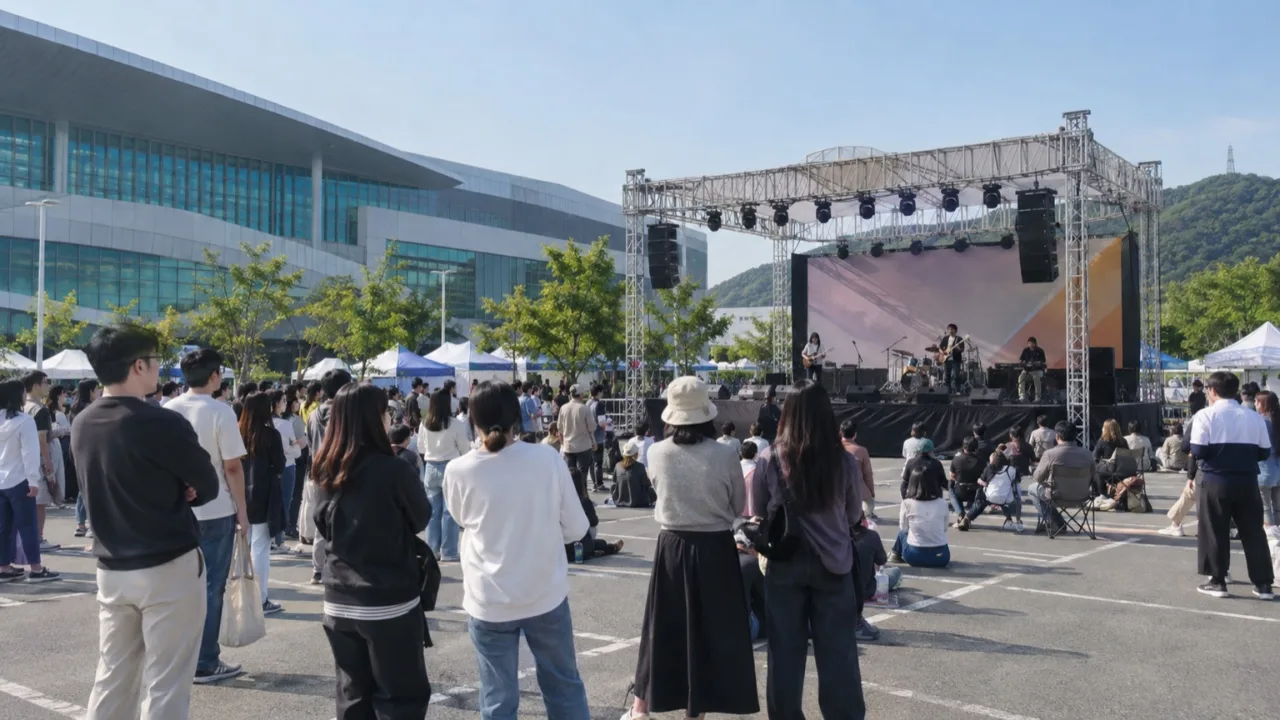 맹동혁신도시 국민체육센터 주차장 특설무대와 관람 공간