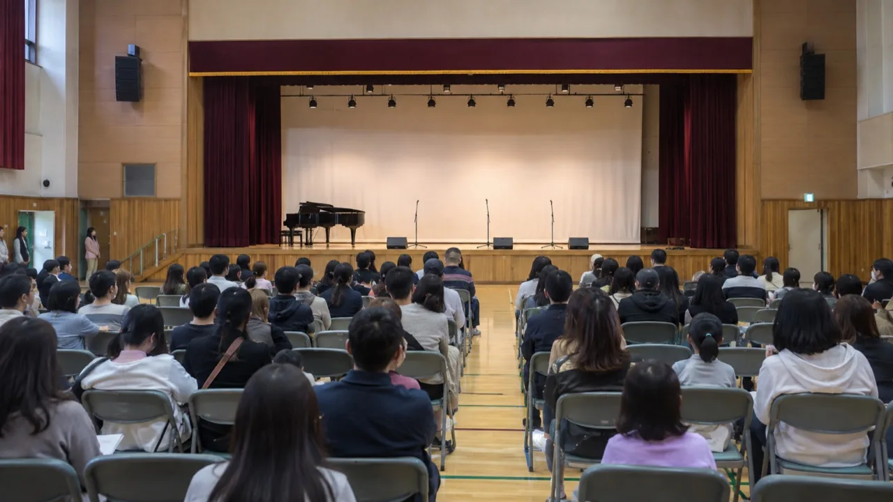 학교 실내 공연 공간과 관람객이 보이는 현장 모습