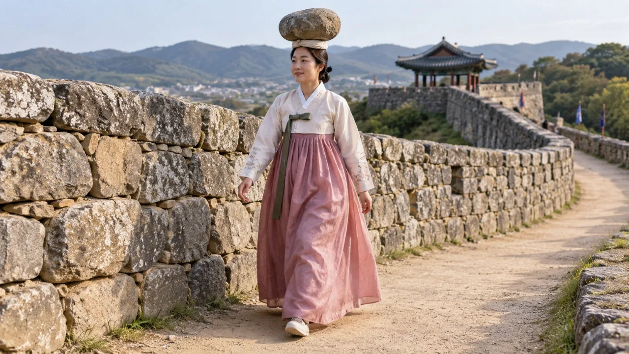 고창읍성 성곽길에서 답성놀이에 참여하는 사람