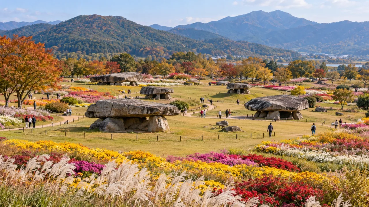 가을꽃이 핀 화순 고인돌 유적지 축제 전경