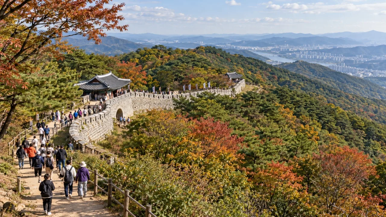 가을빛이 드는 남한산성 성곽과 숲길 전경