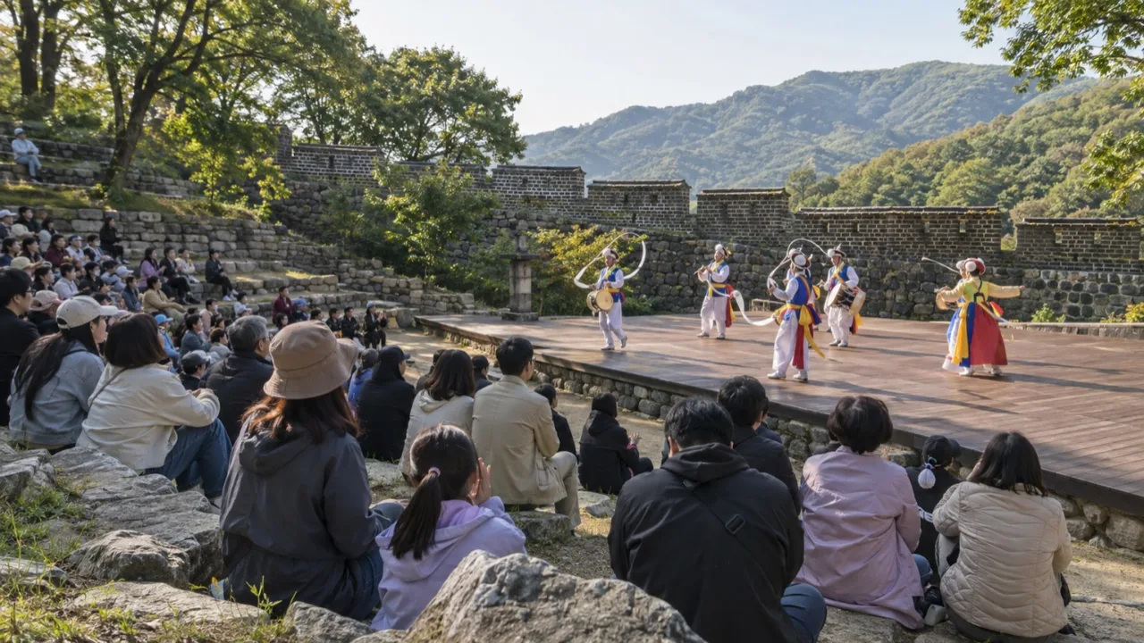 남한산성 야외 공간에서 펼쳐지는 연희공연과 관람객