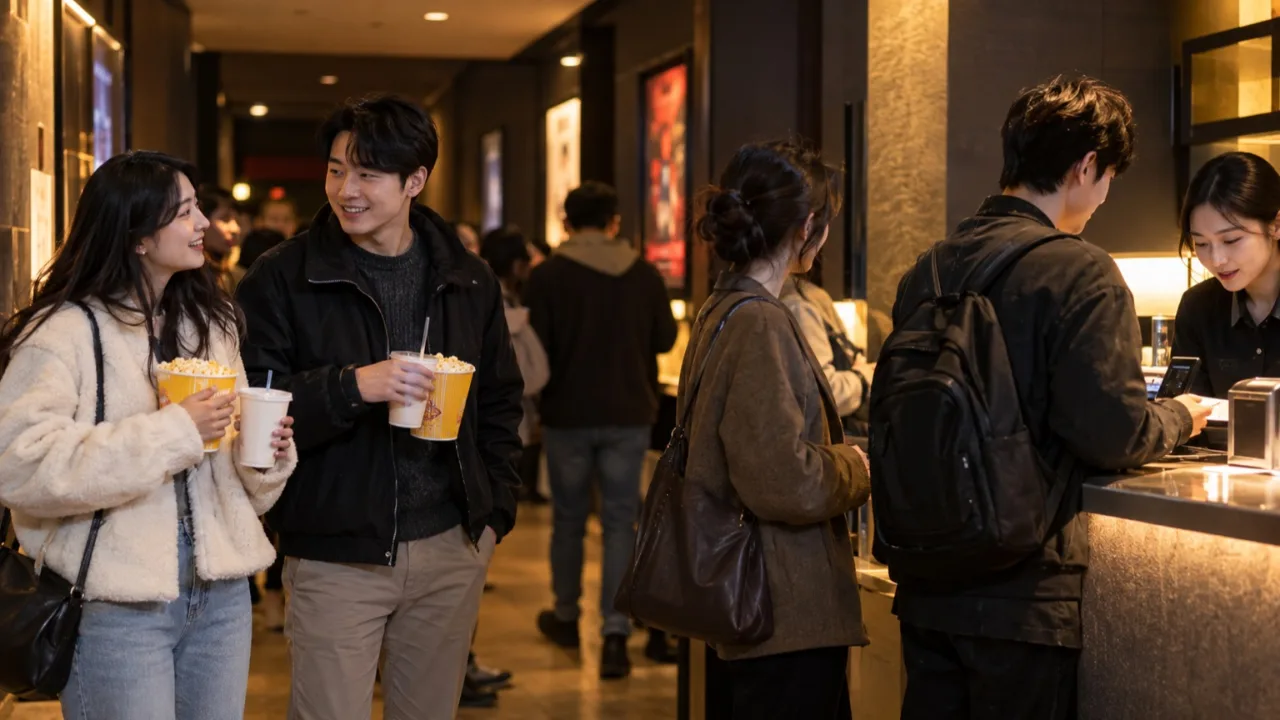 작은 영화관 로비에서 상영을 기다리는 관람객