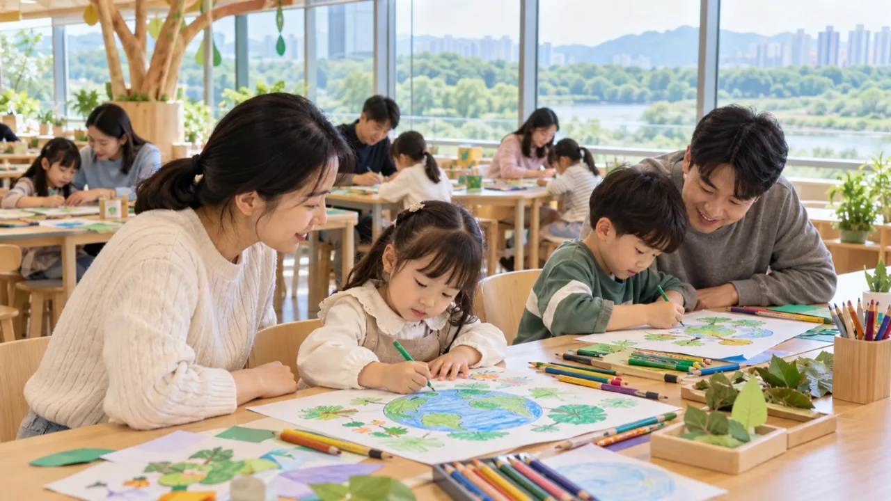 태화강생태관 체험실에서 환경 포스터를 만드는 참가자들