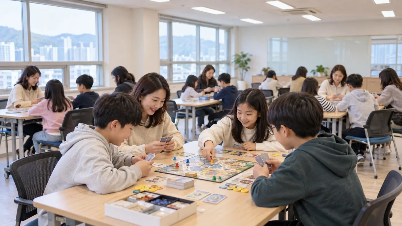 평생학습관에서 보드게임 활동에 참여하는 한국인 아동과 양육자