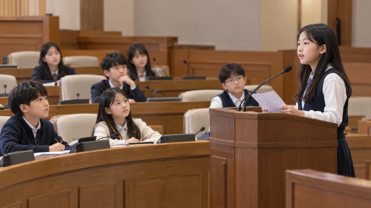 본회의장에서 토론하는 한국인 초등학생 참가자들