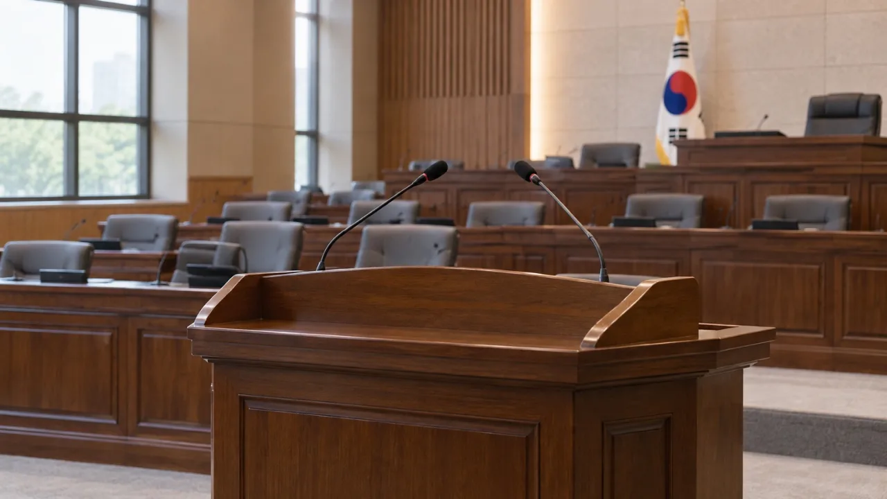지방의회 본회의장 발언대와 좌석 근접 모습