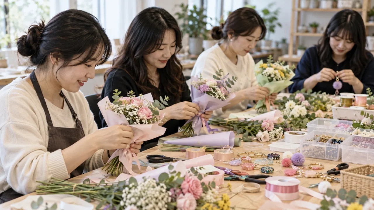 교육 공간에서 꽃다발과 키링 만들기를 하는 참가자들