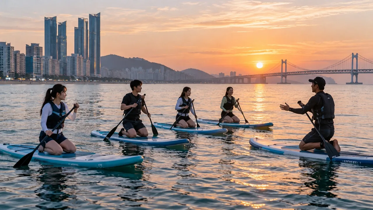 광안리해수욕장 일대 바다에서 진행되는 SUP 해상 연습