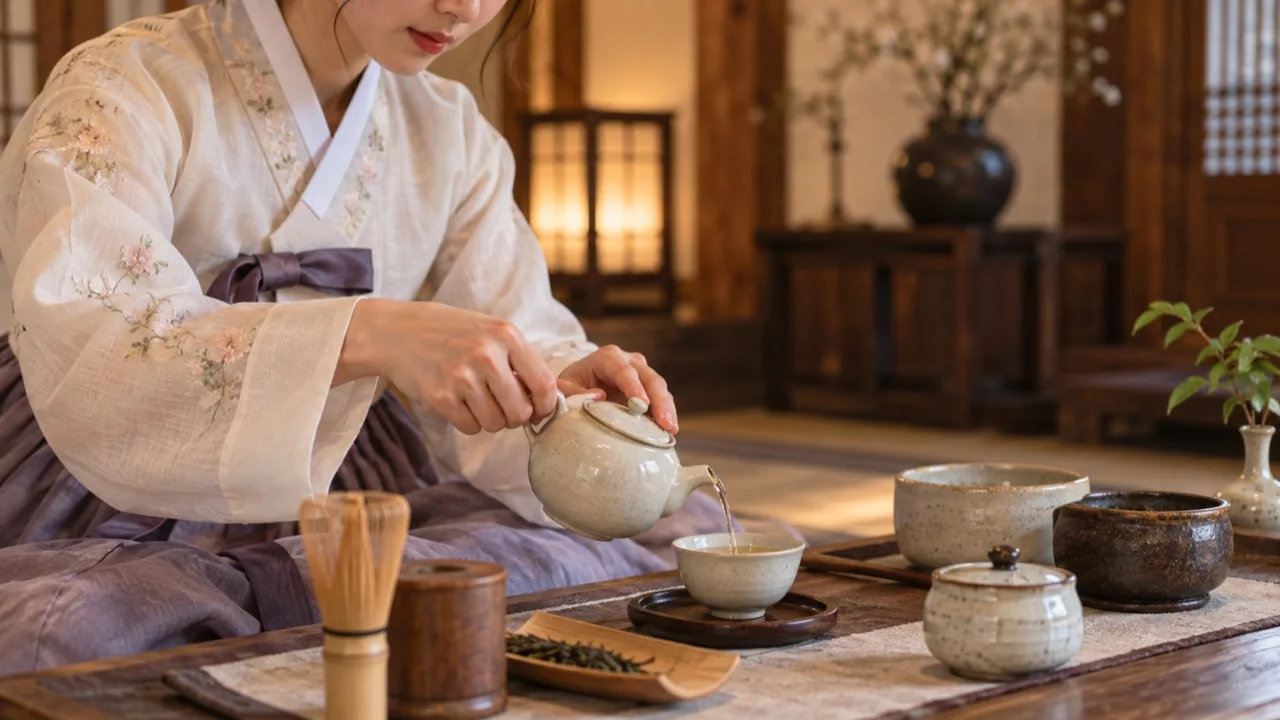 한복을 입은 참가자의 다도 체험