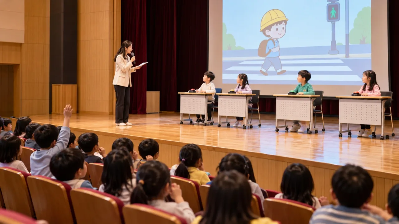 초등학교 강당에서 진행되는 어린이 안전 퀴즈쇼