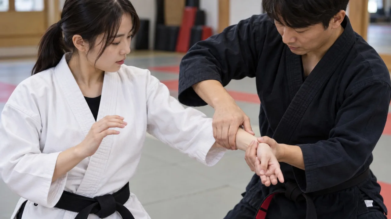 생활호신술 실습 동작을 가까이 보여주는 장면