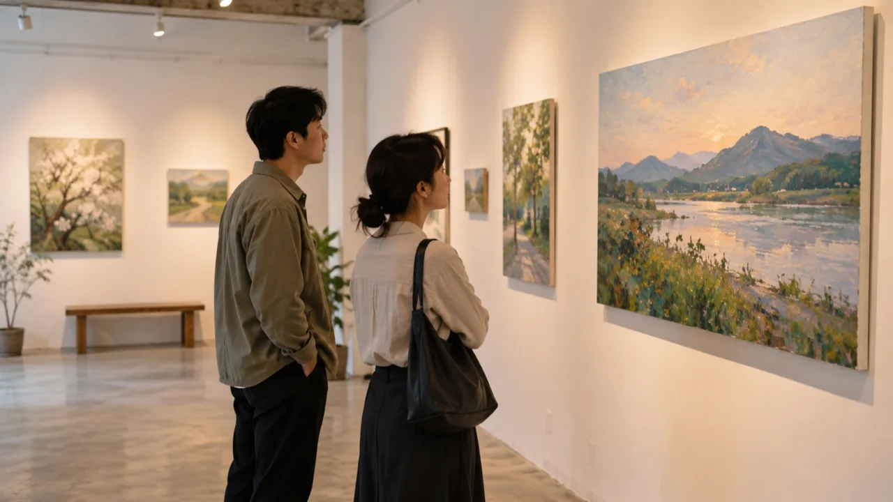송림골 아뜨렛길 전시 공간에서 작품을 감상하는 관람객