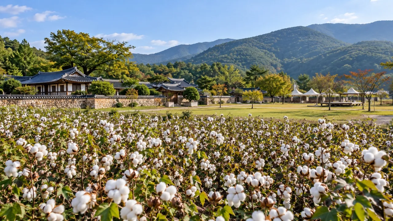 산청 목면시배유지와 주변 목화 체험 공간 전경