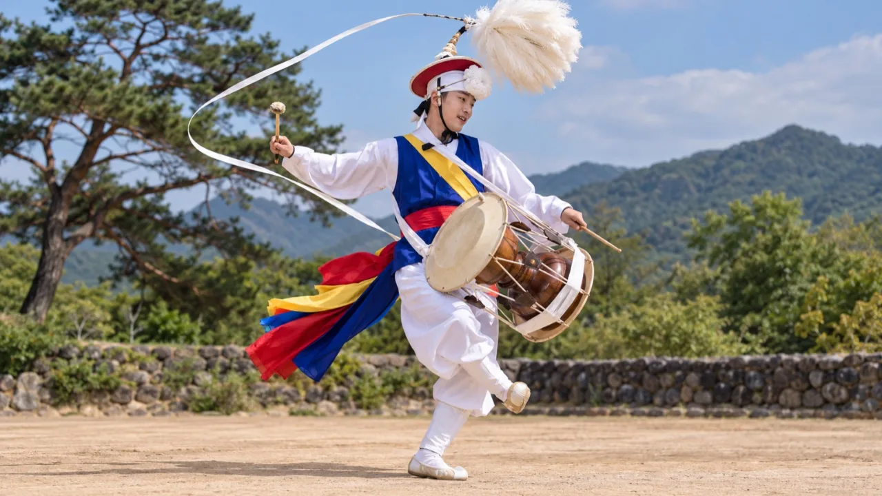 정읍농악 연희자의 부포와 장구 공연