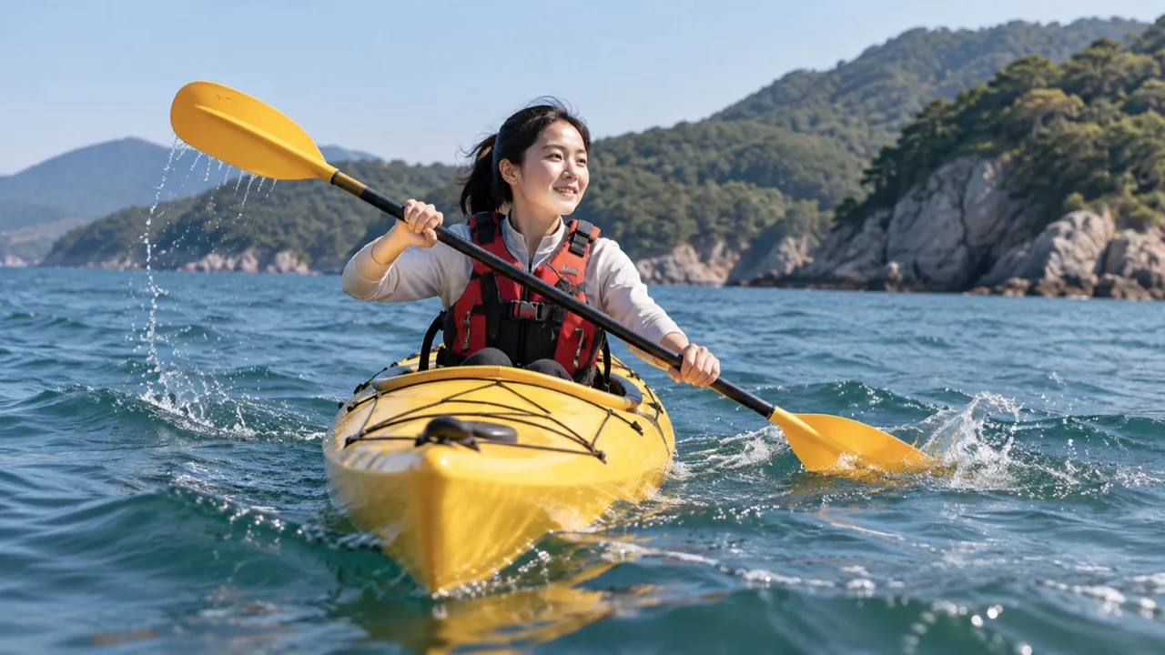 고성만에서 카약을 체험하는 한국인 참가자