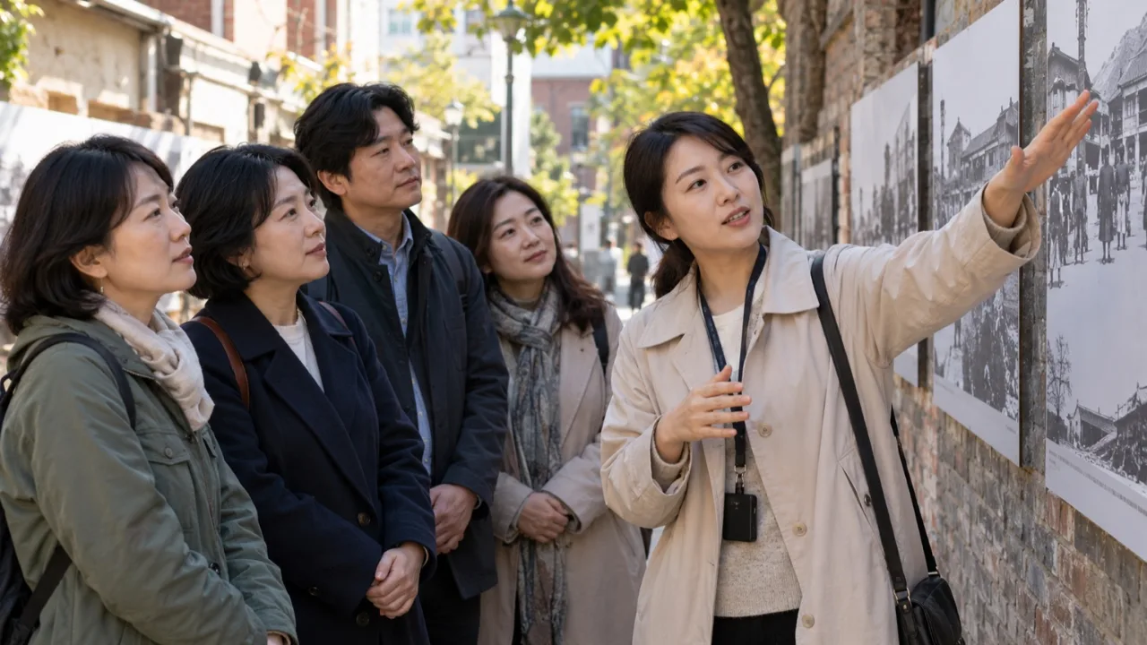 전문 해설사의 설명을 듣는 광주비엔날레 투어 참가자