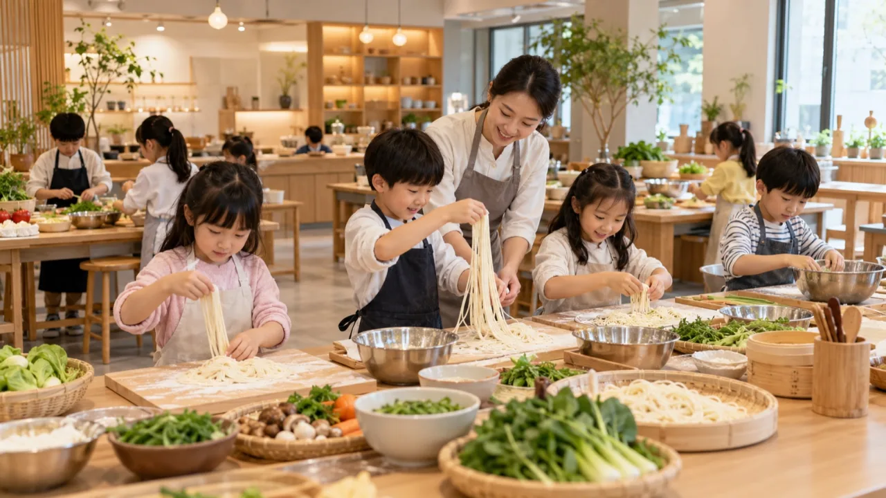 누들플랫폼에서 어린이들이 면과 식재료를 체험하는 교육 현장 전경