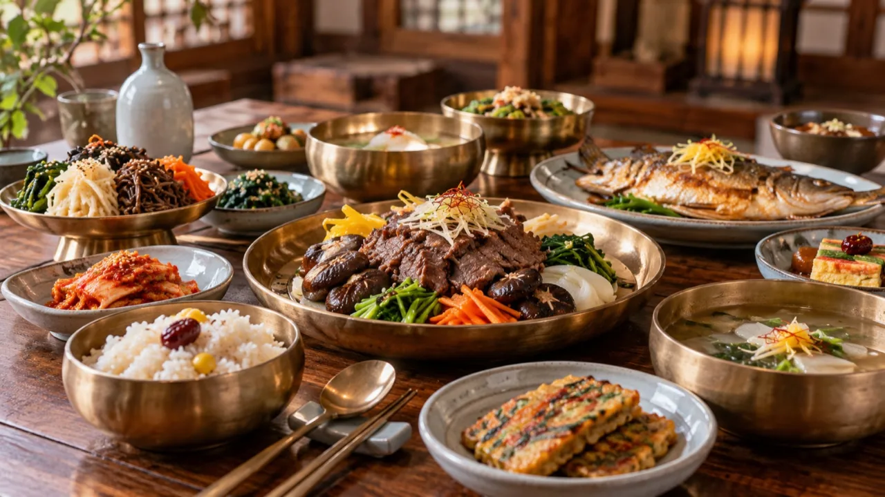 전통 음식이 차려진 연회 상차림